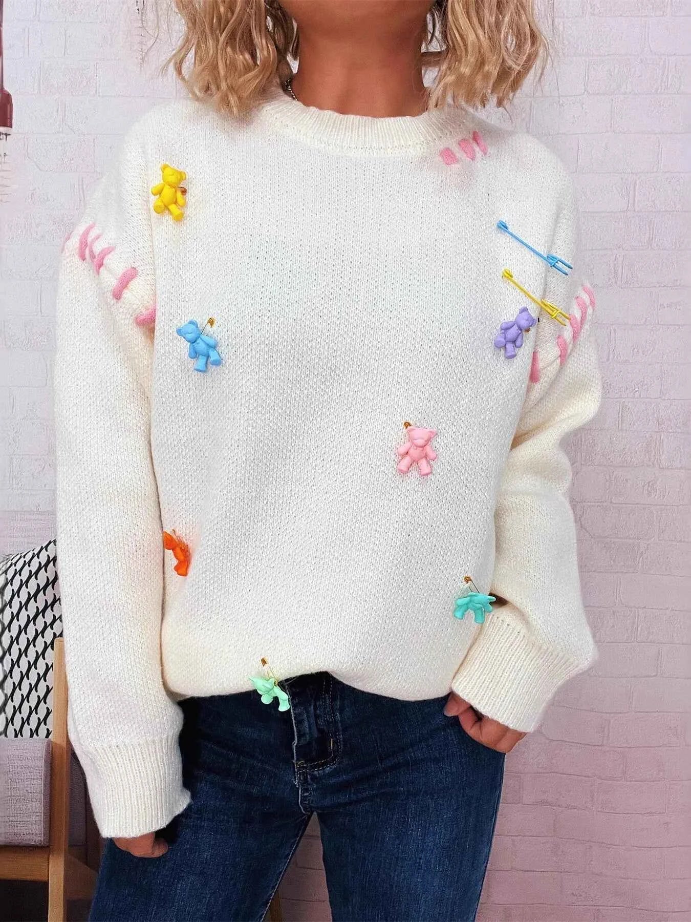 Bear Decoration Round Neck Sweater White One Size db94ca685a4b4dacb91e193bc38e15c6-Max-Origin