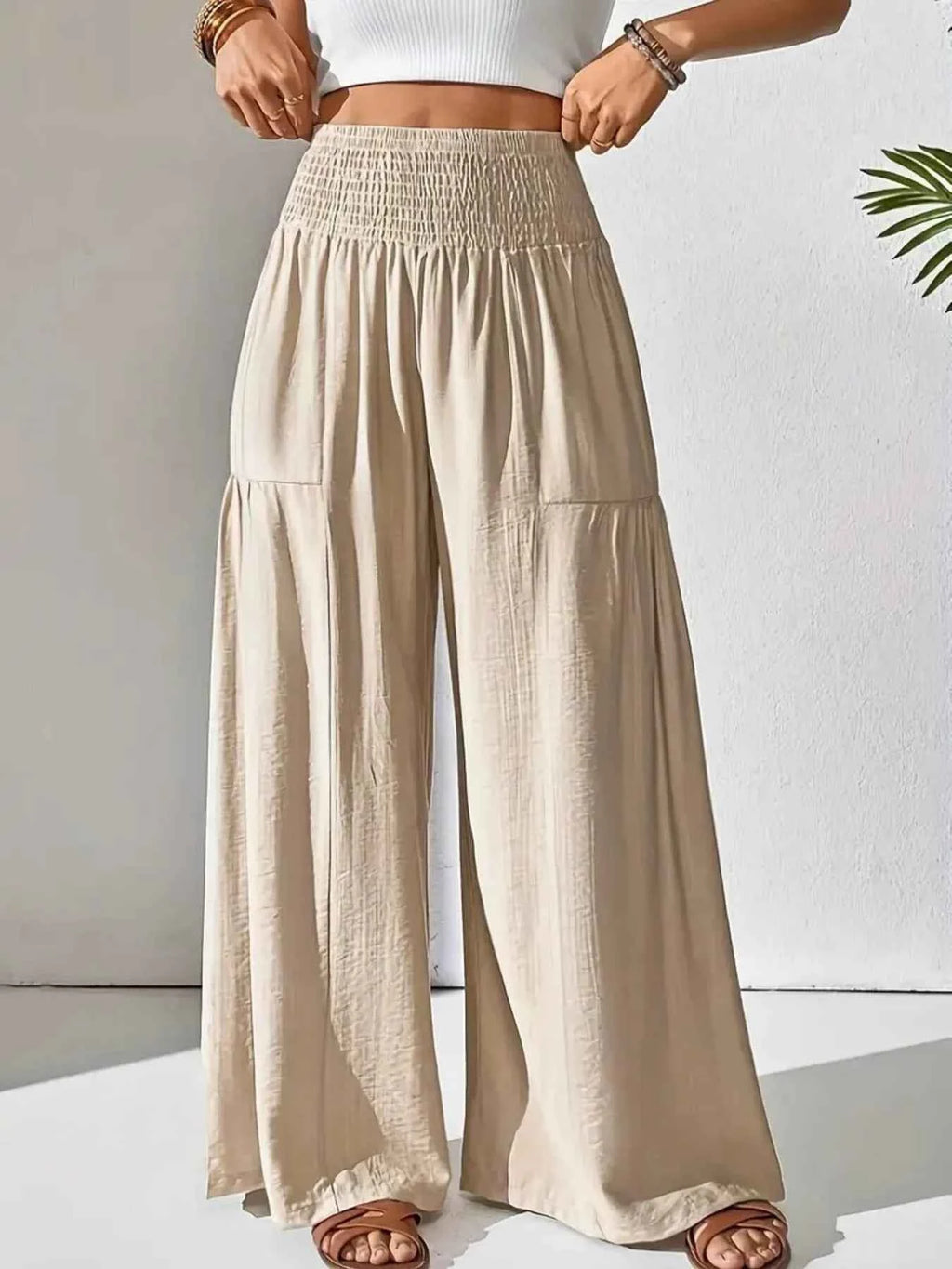 Smocked Waist Wide Leg Pants db9995970476409eb8217d64b61008df-Max-Origin