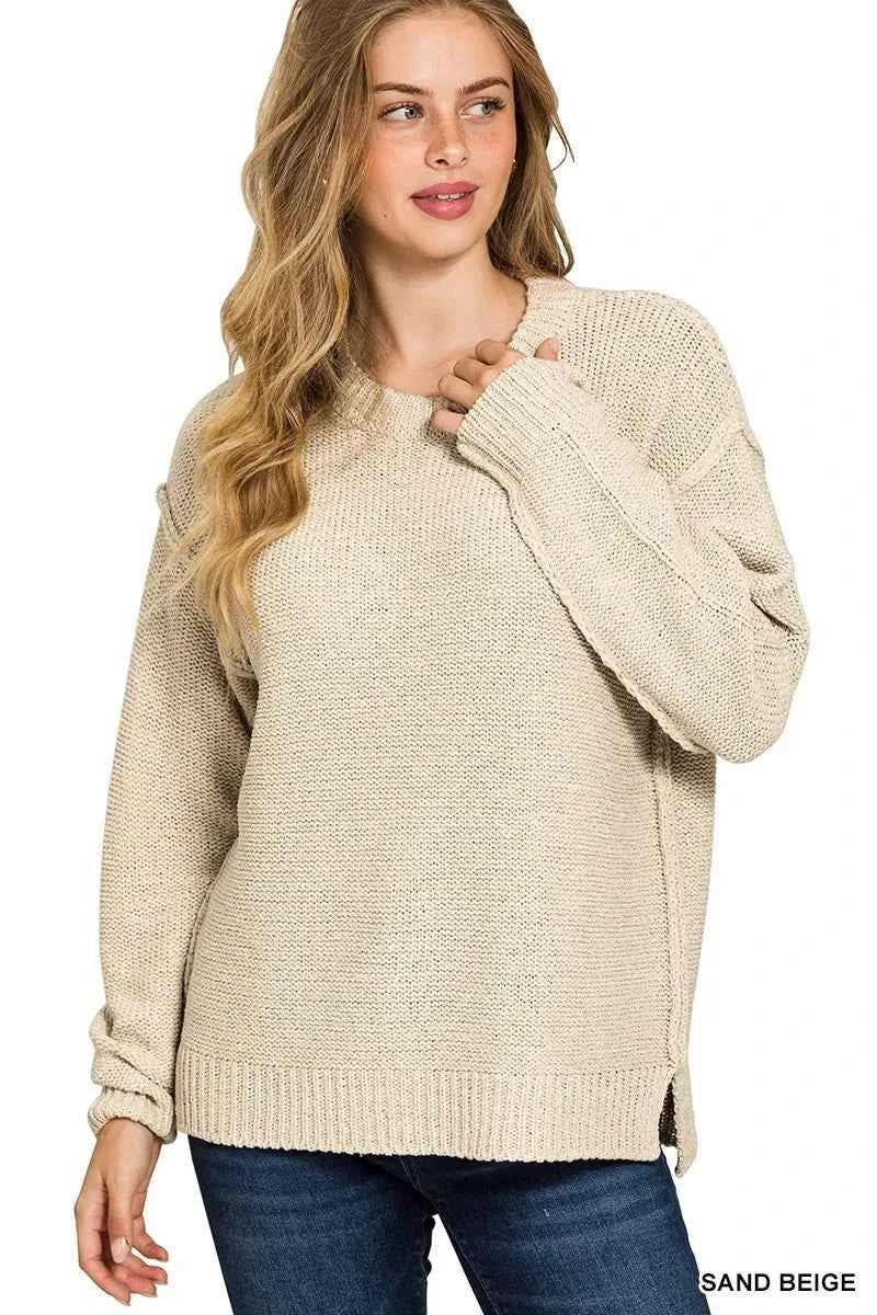 Zenana Exposed Seam Round Neck Sweater SAND BEIGE dba653aff8424958ac593f5d959989fc-Max-Origin