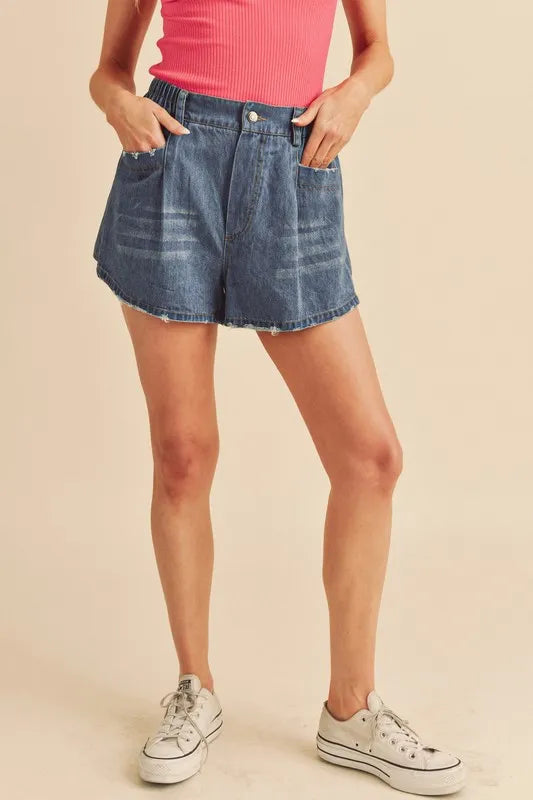 Aemi + Co Frayed Hem Elastic Waist Denim Shorts dba83c43-0efd-46bd-a071-2839c0f81fa5-Max