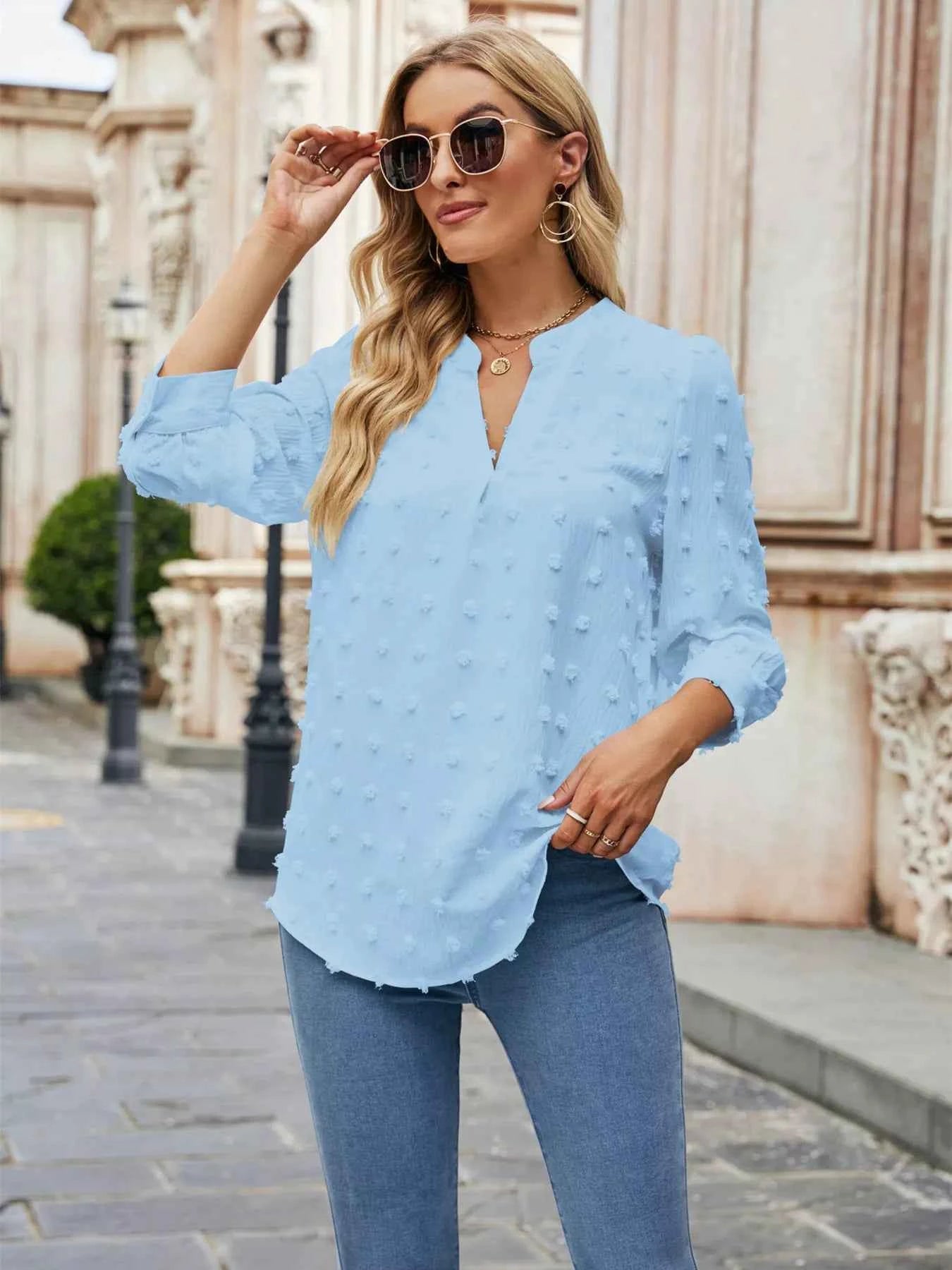 Swiss Dot Notched 3/4 Sleeve Blouse Light Blue dba8d6e3abed4707a057918468271bca-Max-Origin