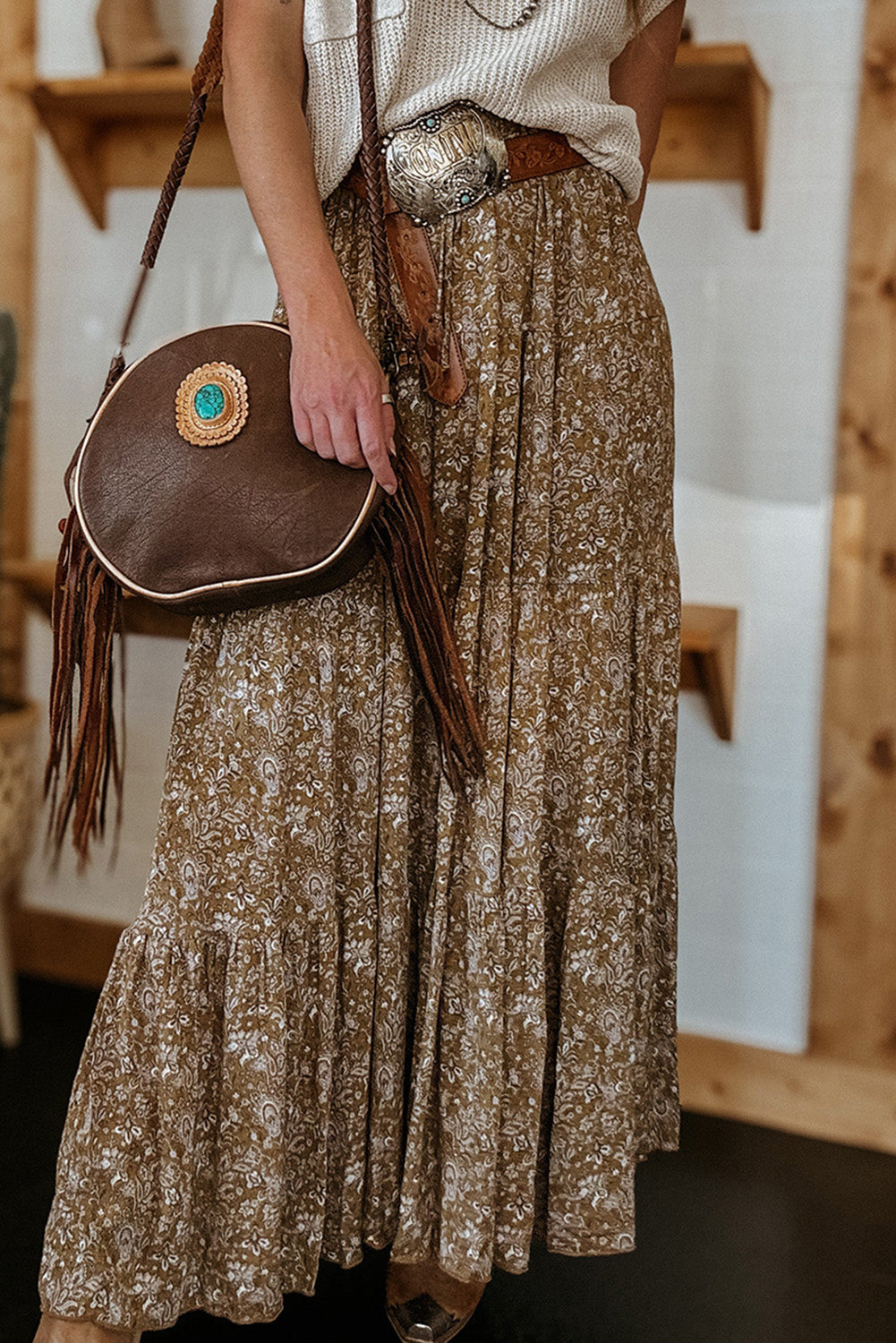 Brown Floral Print High Waist Loose Maxi Skirt Brown dbb9af565cd1aa9c