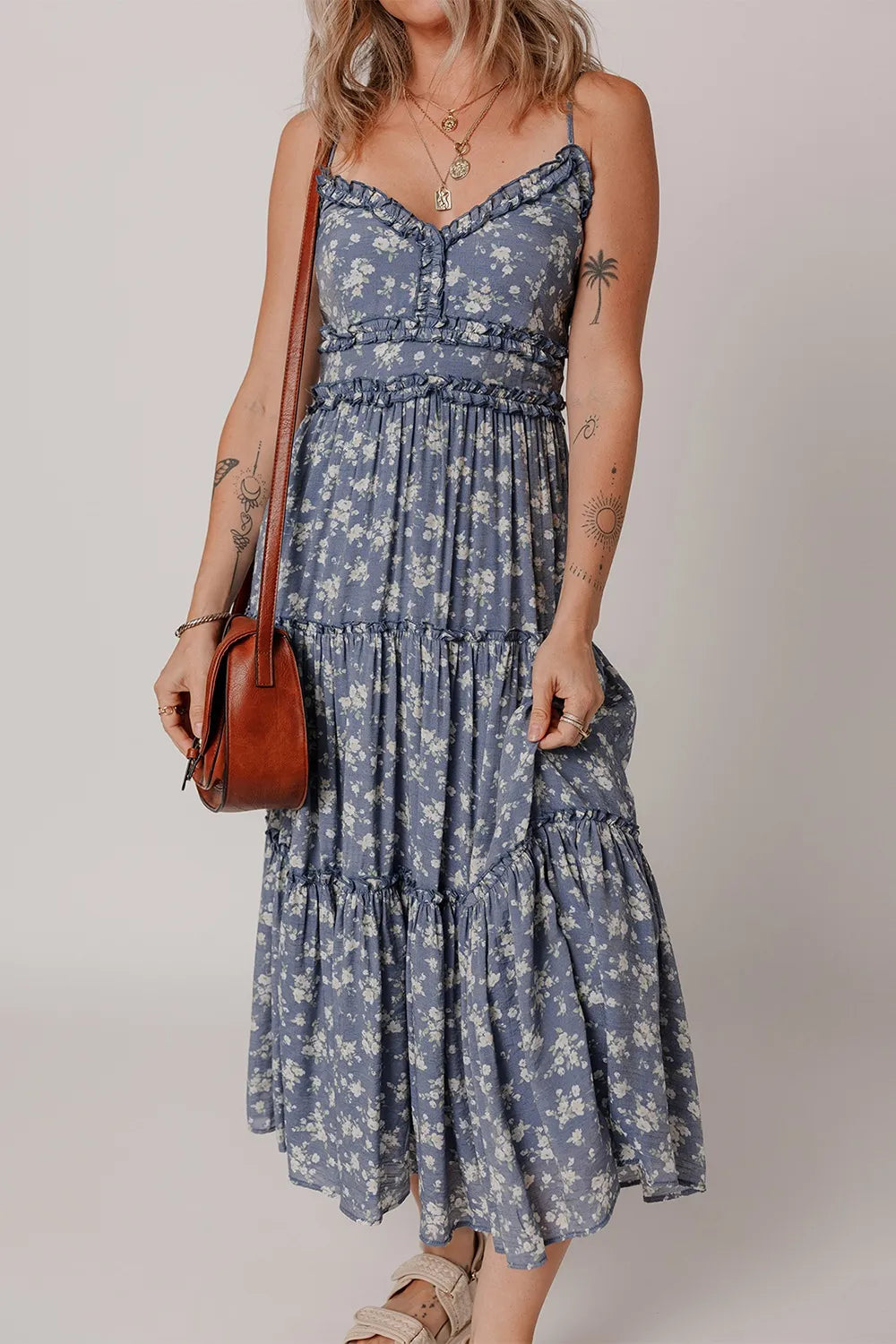 Floral Spaghetti Strap Frilled V Neck Tiered Midi Dress Dusty Blue dbbead85-3309-418f-8305-dc7161196d79-Max
