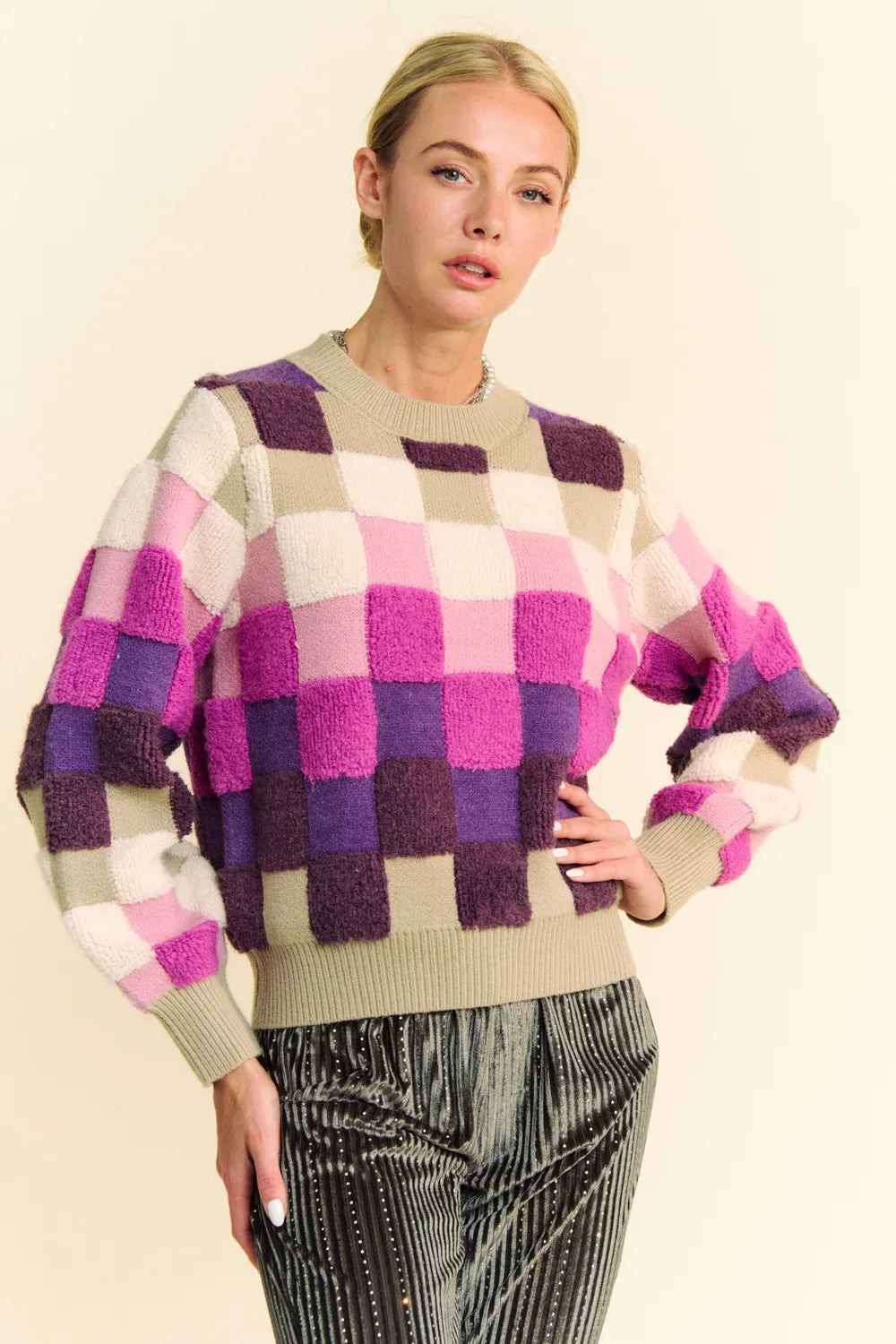 Davi & Dani Checkered Round Neck Long Sleeve Sweater dbc56093-0acc-4142-ade2-2fc9287bcd2a-Max