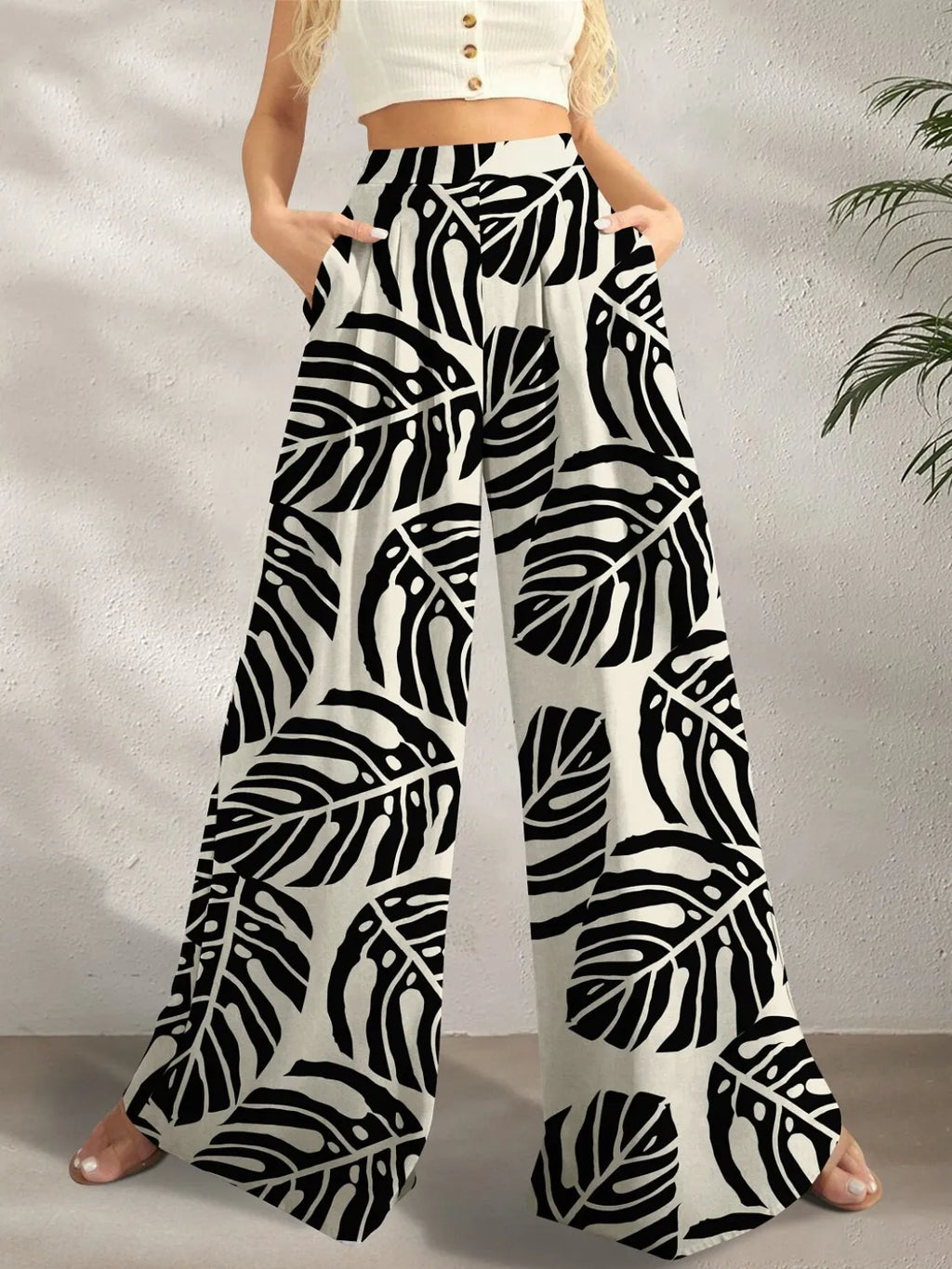 Printed Wide Leg Pants Black dbd6c20c-c212-413d-a408-c25c6d82bb11-Max-Origin