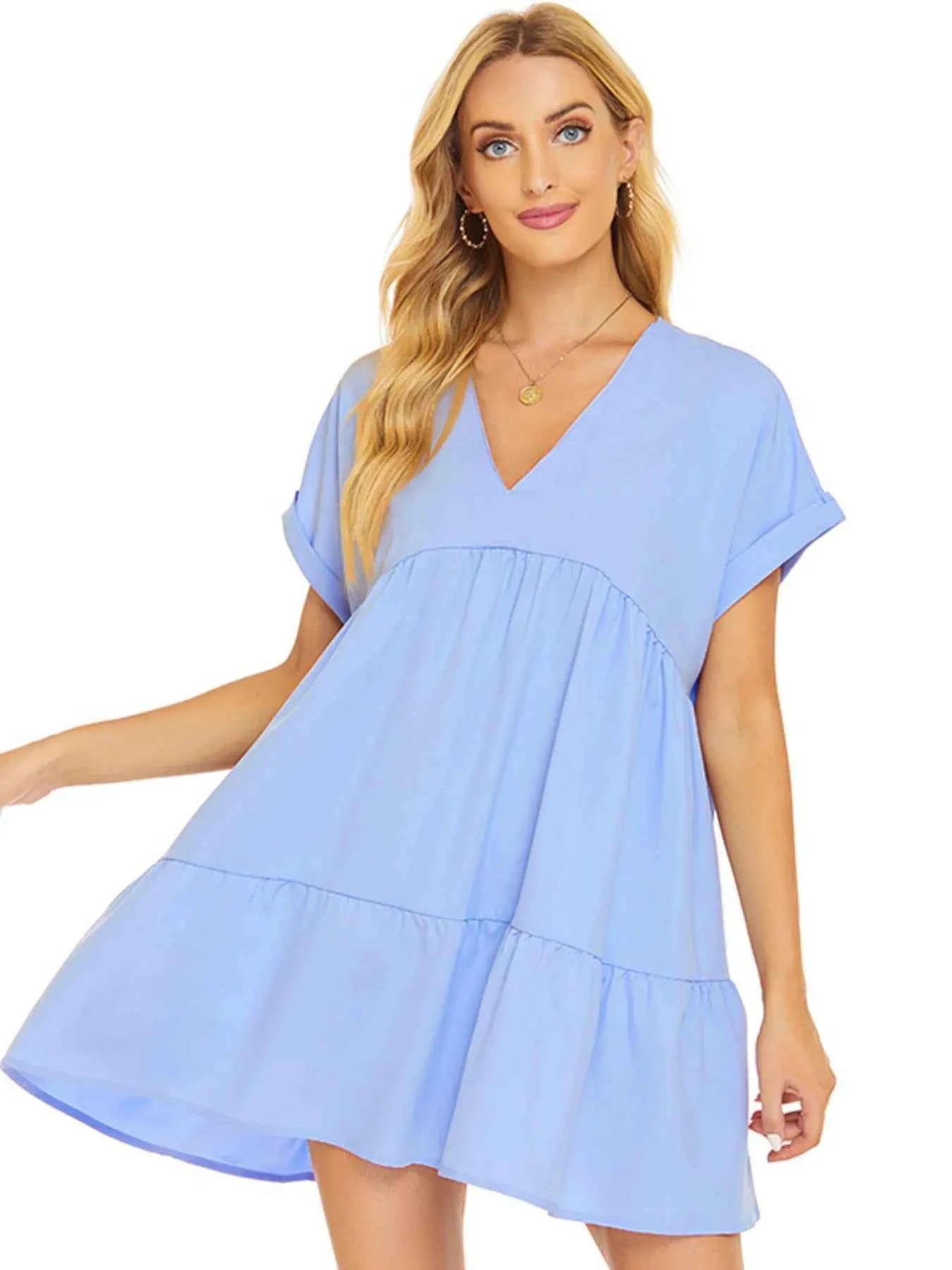 V-Neck Babydoll Tiered Mini Dress Blue dbe720f73c6041ecbea7be97498bca24-Max-Origin