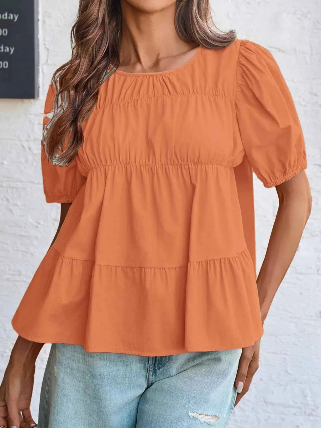 Round Neck Puff Sleeve Tiered Blouse Orange dc05a04a-a700-42a5-b78e-8a05e2a3646f-Max-Origin