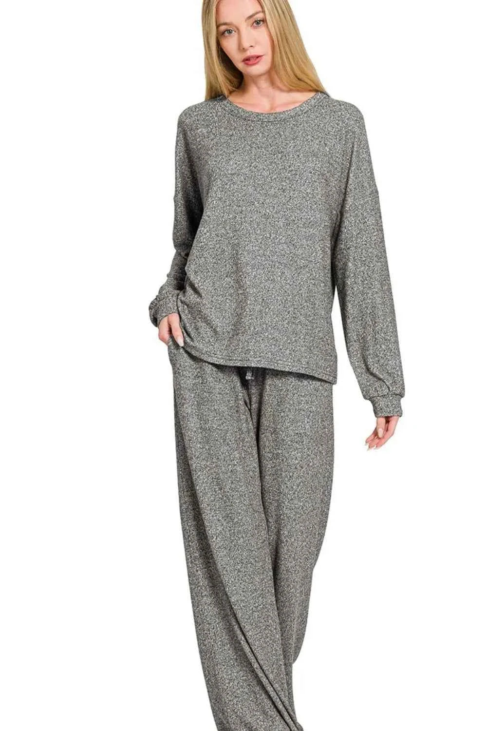 Zenana Soft Melange Hacci Long Slv Tee & Pants Set Gray dc21db4c-7ced-4cf5-8bc9-00e5d2604948-Max-Origin