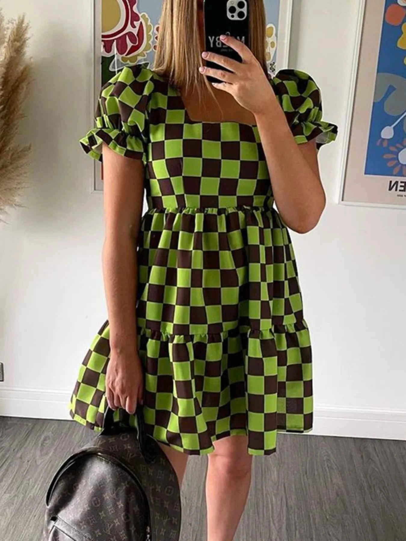 Checkered Short Sleeve Tiered Mini Dress dc26e2f465de48569f10ef568dd672c8-Max-Origin