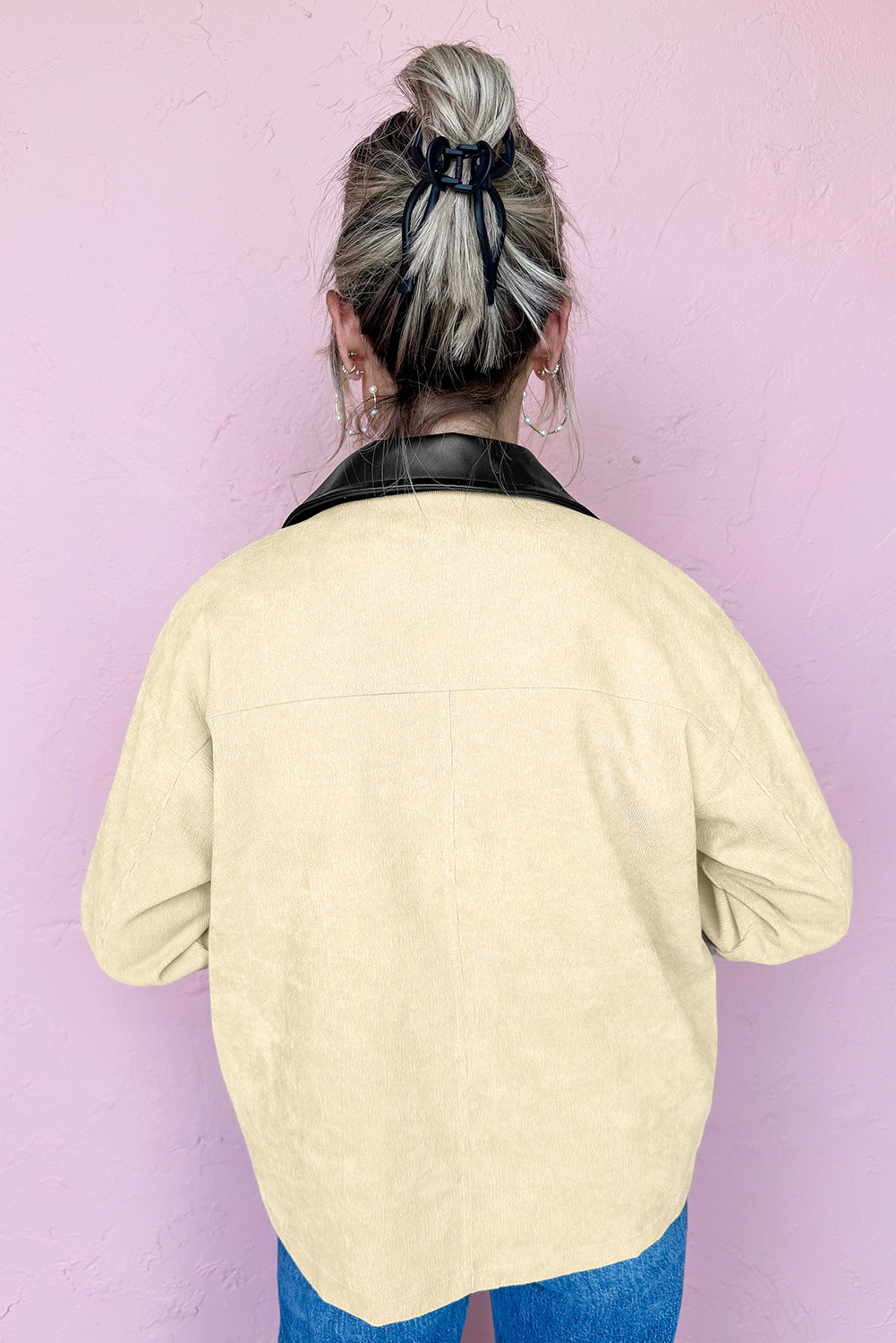 Parchment Contrast Leather Collar Textured Zip Up Jacket dc2903eb14895ade