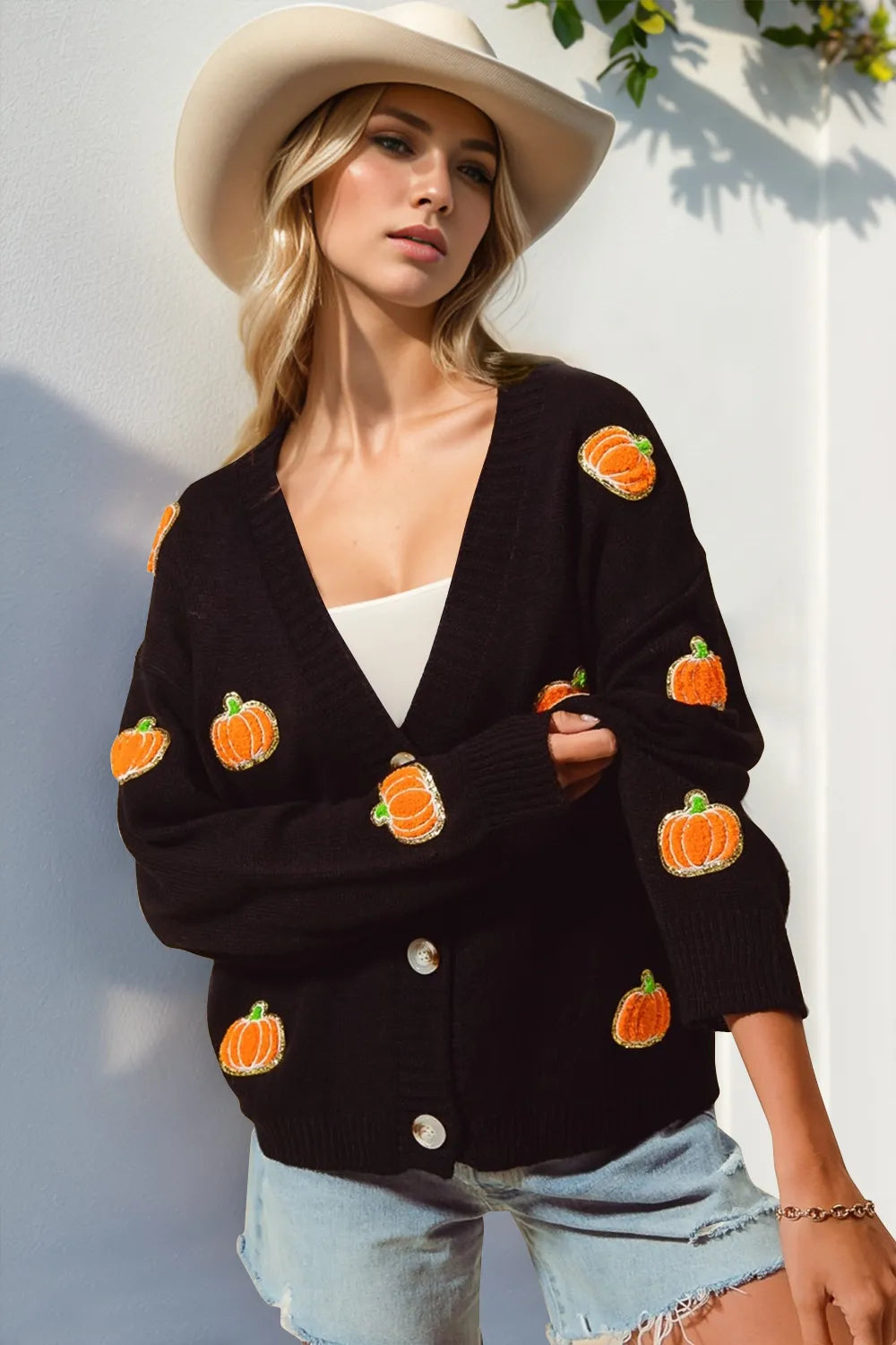 Double Take Full Size Pumpkin Button Up Long Sleeve Cardigan Black dc356c3e-15ce-45ad-8782-93206228b05a-Max