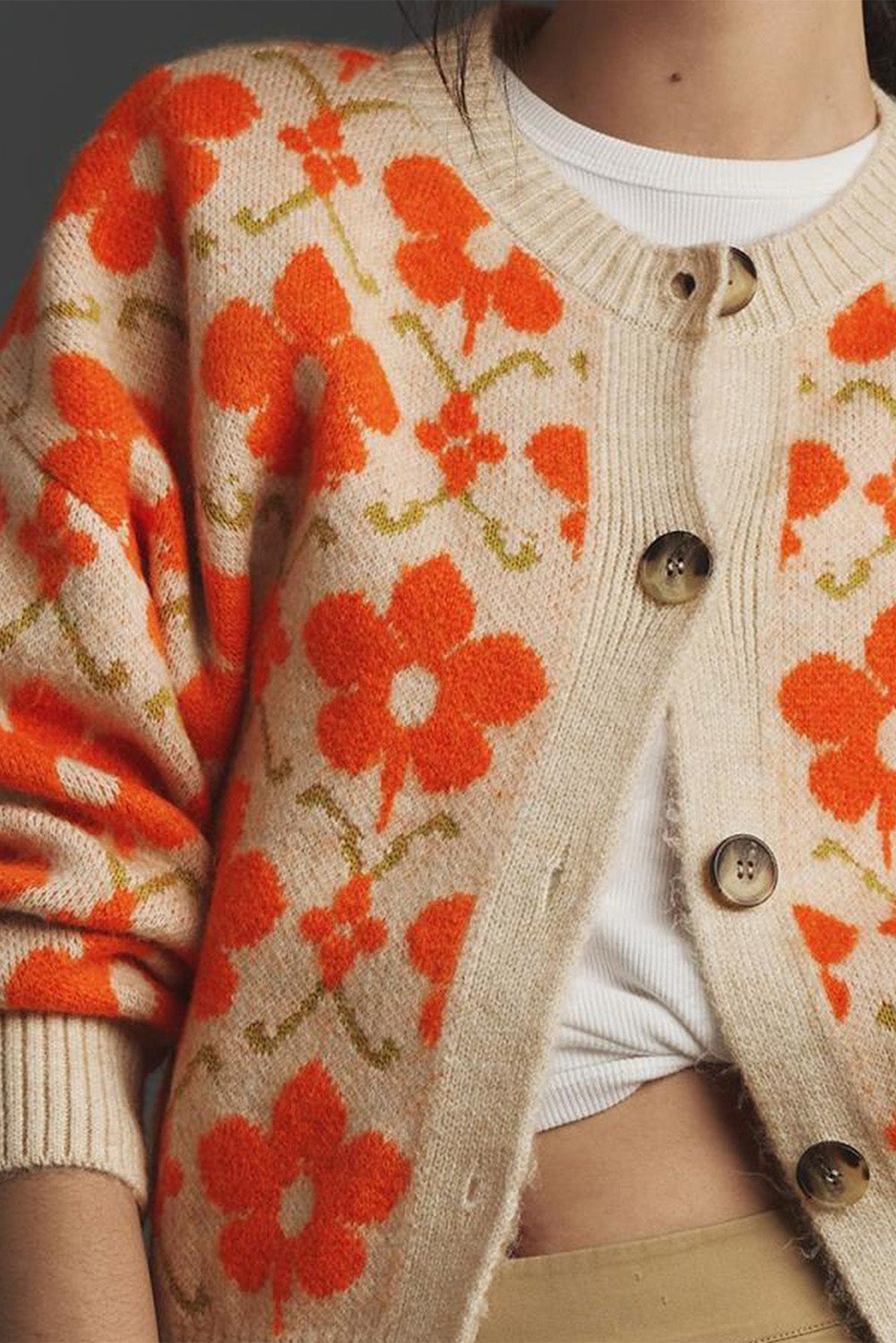 Orange Floral Button Round Neck Knit Cardigan dc47ac1af83db6d1