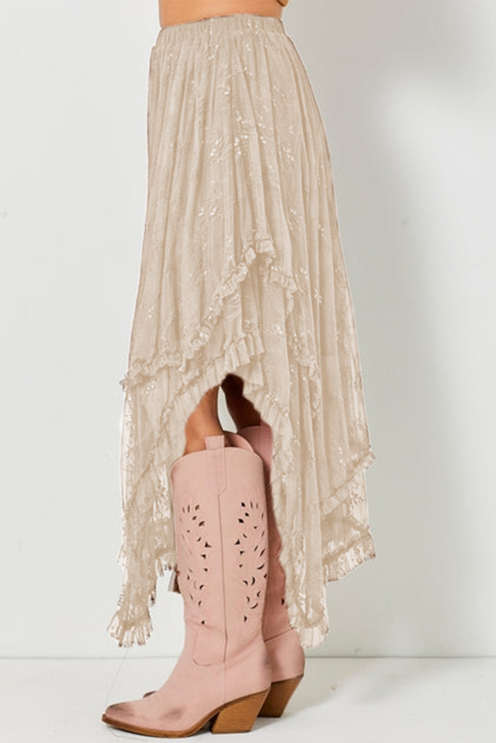 Apricot Lace Cascading Tiered High Waist Maxi Skirt dc53565bb8e4878e
