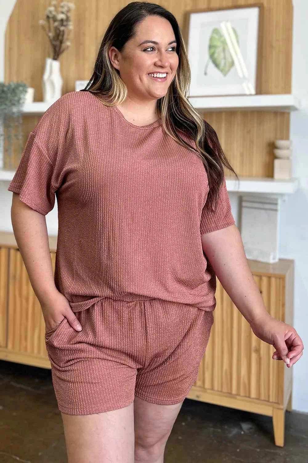 Double Take Full Size Round Neck Short Sleeve T-Shirt and Shorts Set dc80272a-ae3f-415c-a4cf-326311ad1e70-Max