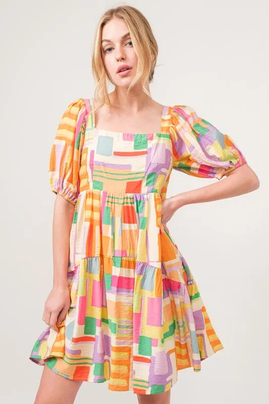 And The Why Square Neck Puff Sleeve Geo Printed Mini Dress dc8683d43f0e45f3a04565f79fc80066-Max-Origin