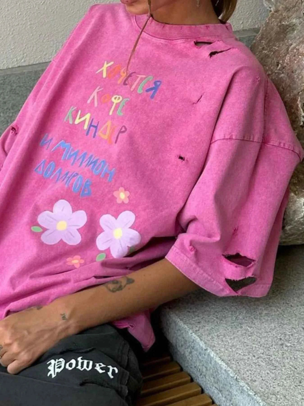 Distressed Oversized Letter Round Neck T-Shirt dc8f51a8-bd6f-4d25-ad46-ac519f77a1ff-Max-Origin