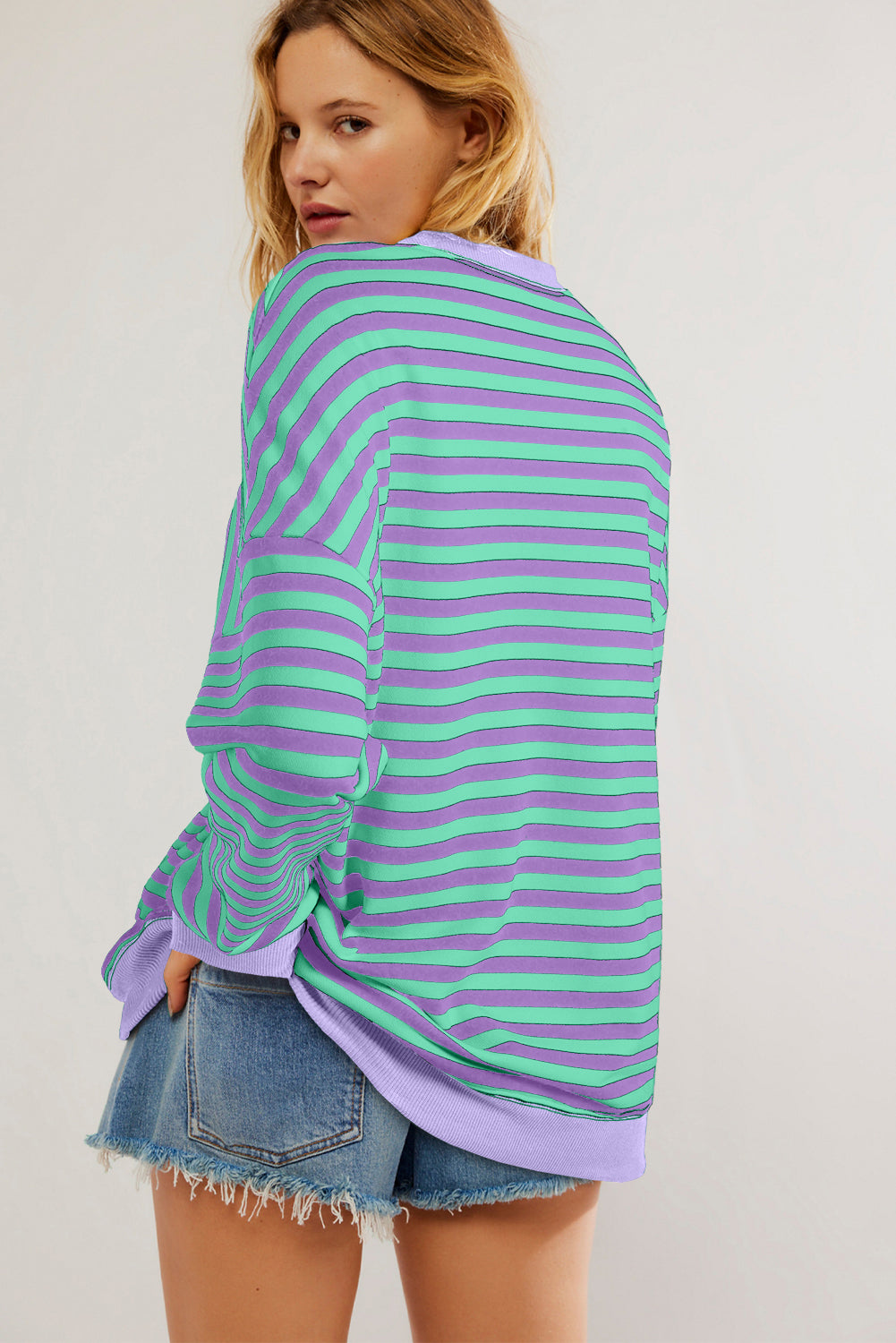 White Striped Contrast Trim Drop Shoulder Sweatshirt dc9257744c384ffa