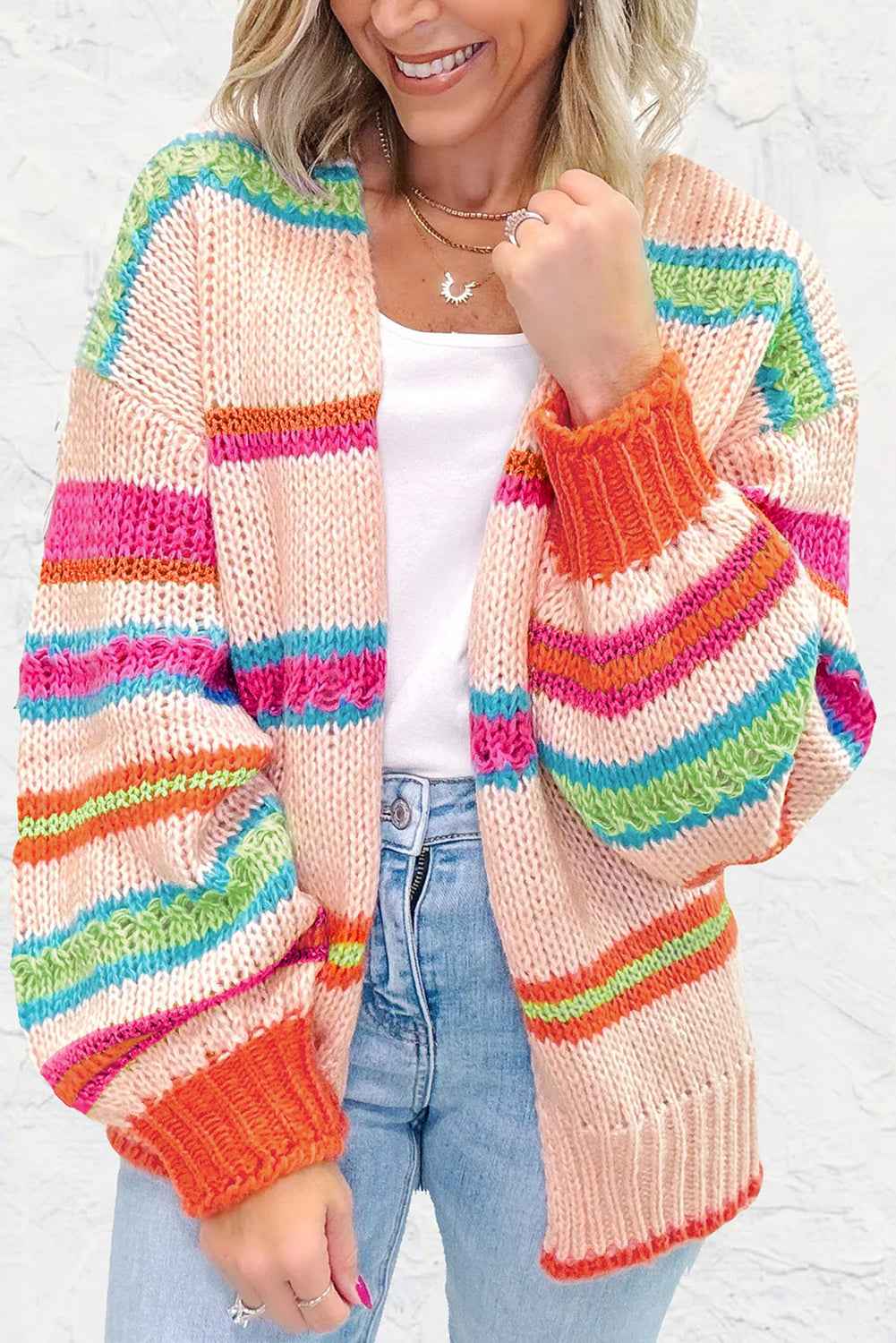 Multicolour Open Front Striped Colorblock Knit Oversize Cardigan Multicolour 100%Acrylic dca1f68ea878bfa2