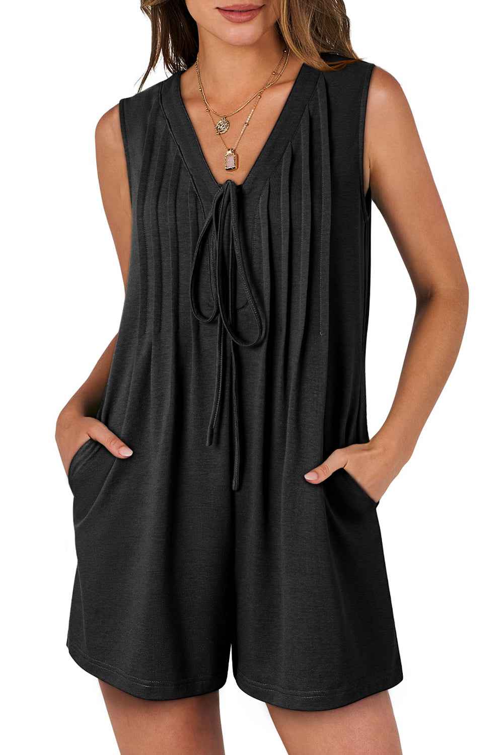 Black Tie V Neck Pleated Sleeveless Loose Romper dca52f3b2520d0dd