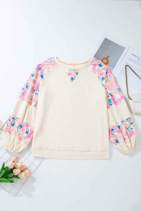 Plus Size Floral Patchwork Sleeve Crewneck Top dcf29bbc-9c1f-4ed8-9272-81b2afb5d0cc