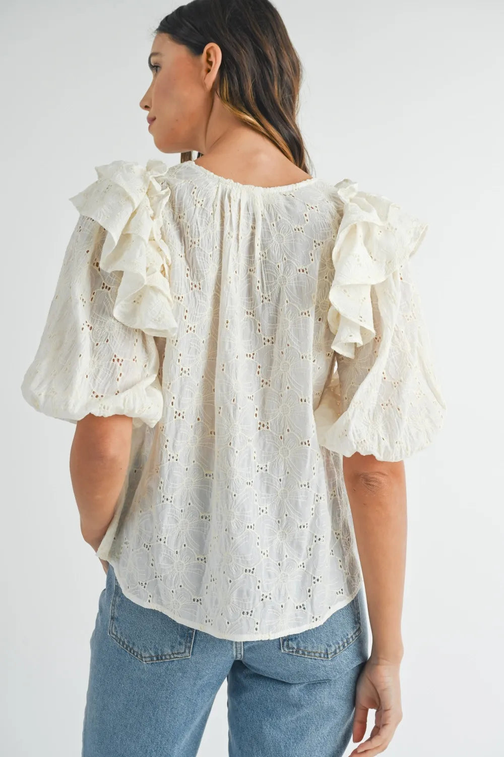 MABLE Eyelet Lace Ruffle Shoulder Puff Sleeve Blouse dcfb374d-cbf6-4c20-a9db-707e82083a82-Max