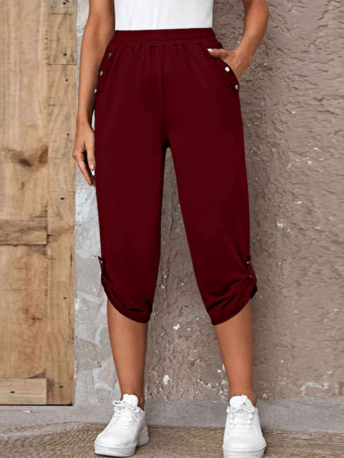 Full Size Roll-Tab Capris Pants Burgundy dd006cf6495b435ab9cb1f4ab74c8ac6-Max
