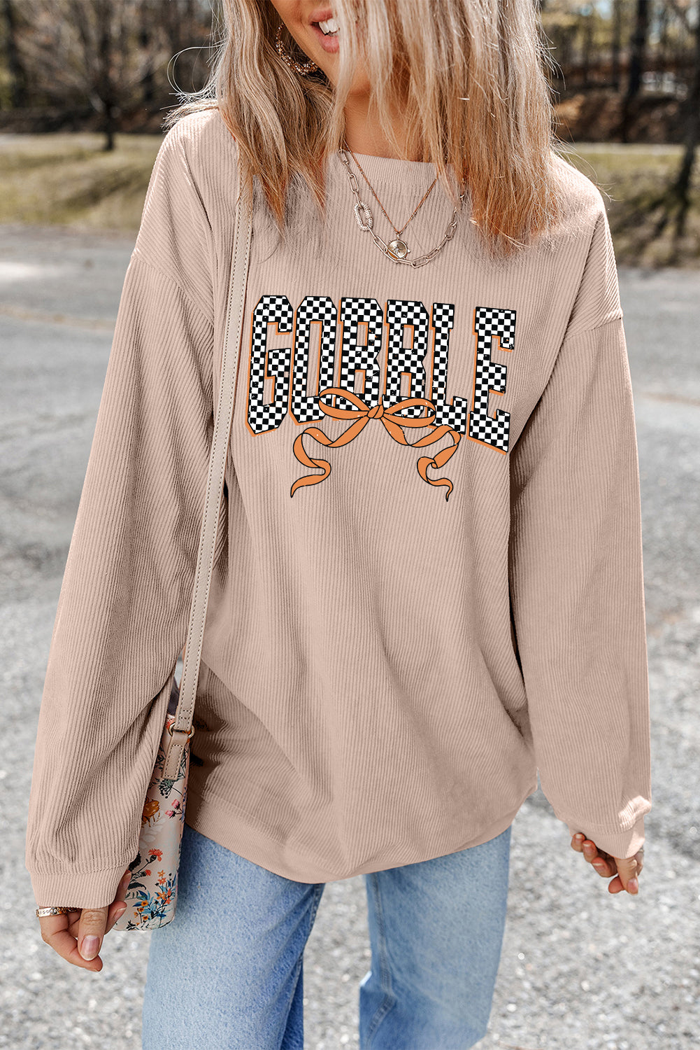 Apricot Twisted Ribbed Texture Checkered GOBBLE Bow Heat Transfer Printing Sweatshirt Apricot 100%Polyester dd4055f816866785