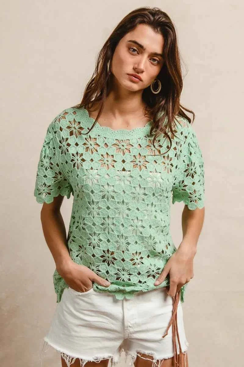 BiBi Openwork Crochet Short Sleeve Knit Top dd41f2b179644a70b79f866cad7be780-Max-Origin