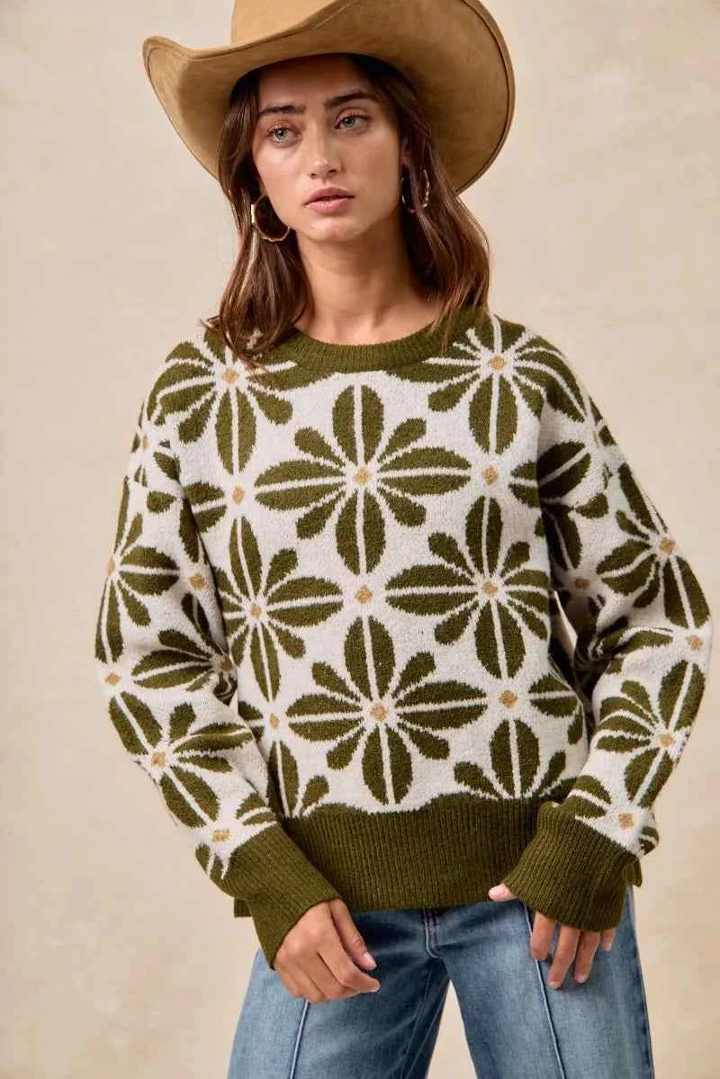 BiBi Flower Pattern Long Sleeve Sweater dd4937884480480fa1c4b4eb27774a7e-Max-Origin