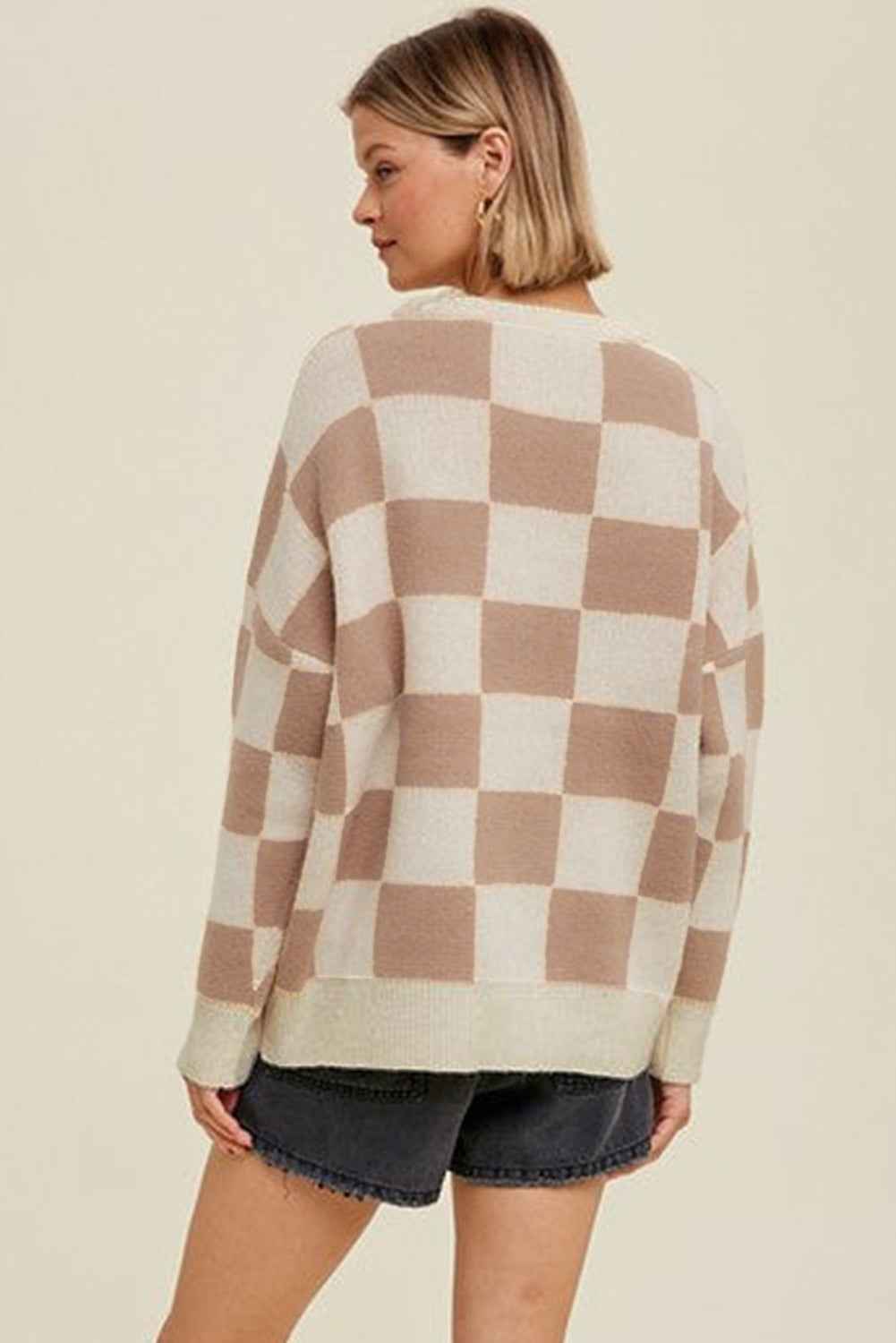 Parchment Checkered Pattern Ribbed Trim Knit Baggy Sweater dd4aa48d5c96bc8f