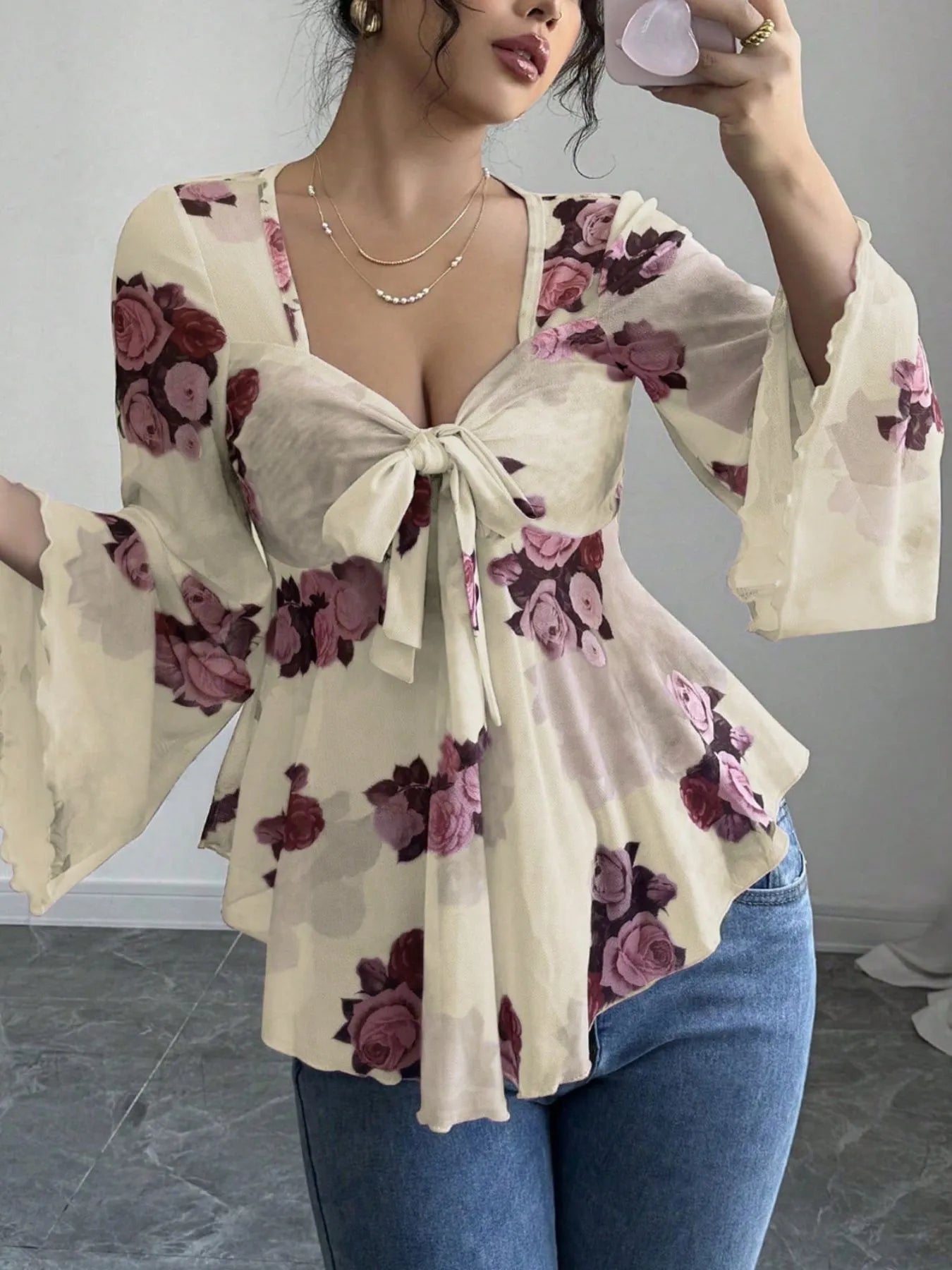 Floral Tie Front Flare Sleeve Blouse Apricot dd620308-4c11-46af-8ed3-10b47d381d23-Max-Origin