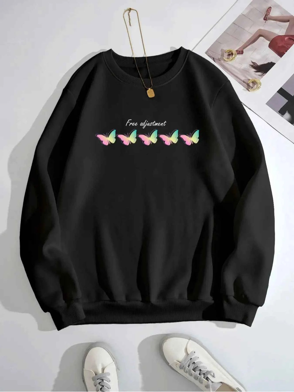 Butterfly Crew Neck Long Sleeve Sweatshirt Black dd71261e-b3fa-46f8-bfd9-3211d8efc52a-Max-Origin