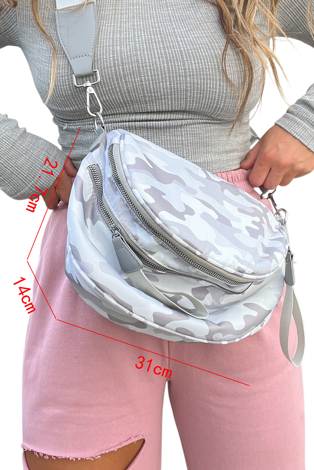 White Camouflage Print Double Zipper Crossbody Bag Light Grey ONE SIZE 95%PU+5%Alloy dd81232c742d1bf1
