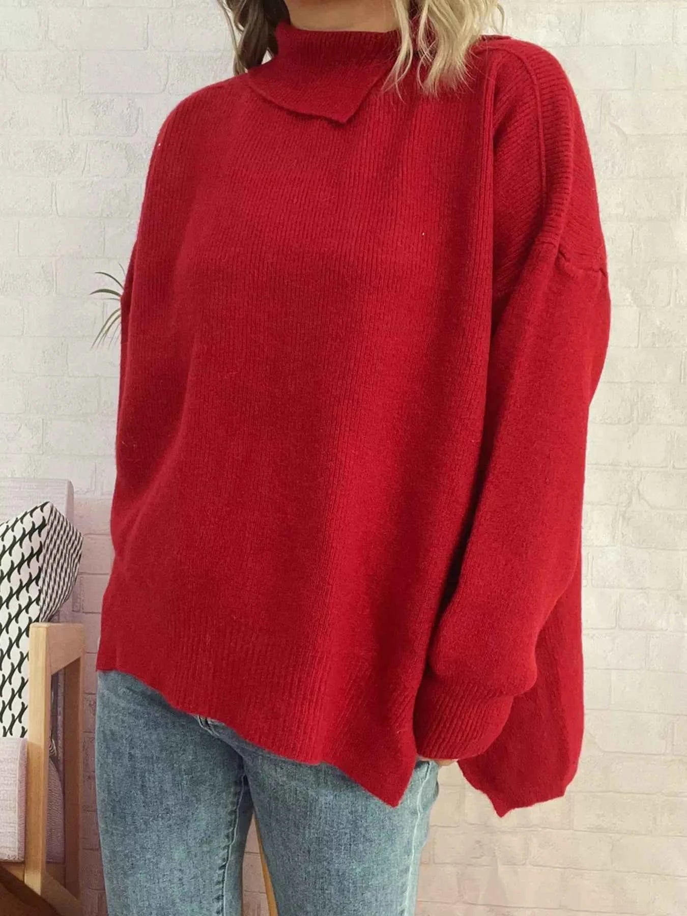 Slit Turtleneck Long Sleeve Sweater dd81f82a0e2343e08a19d0c976219f6b-Max-Origin