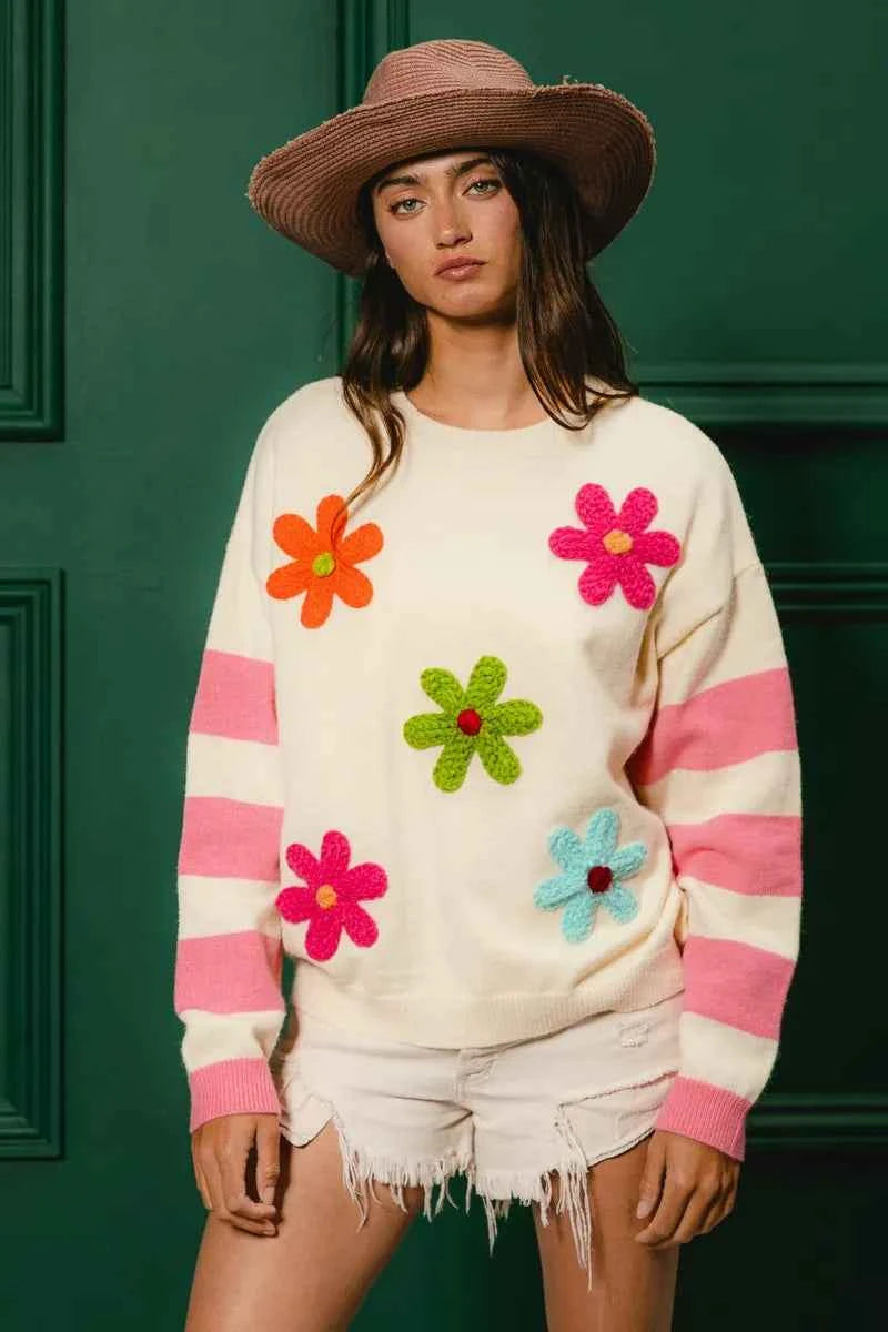BiBi Colorful Floral Patched Sweater with Striped Sleeve dd84433abca842759373fc372c76204c-Max-Origin