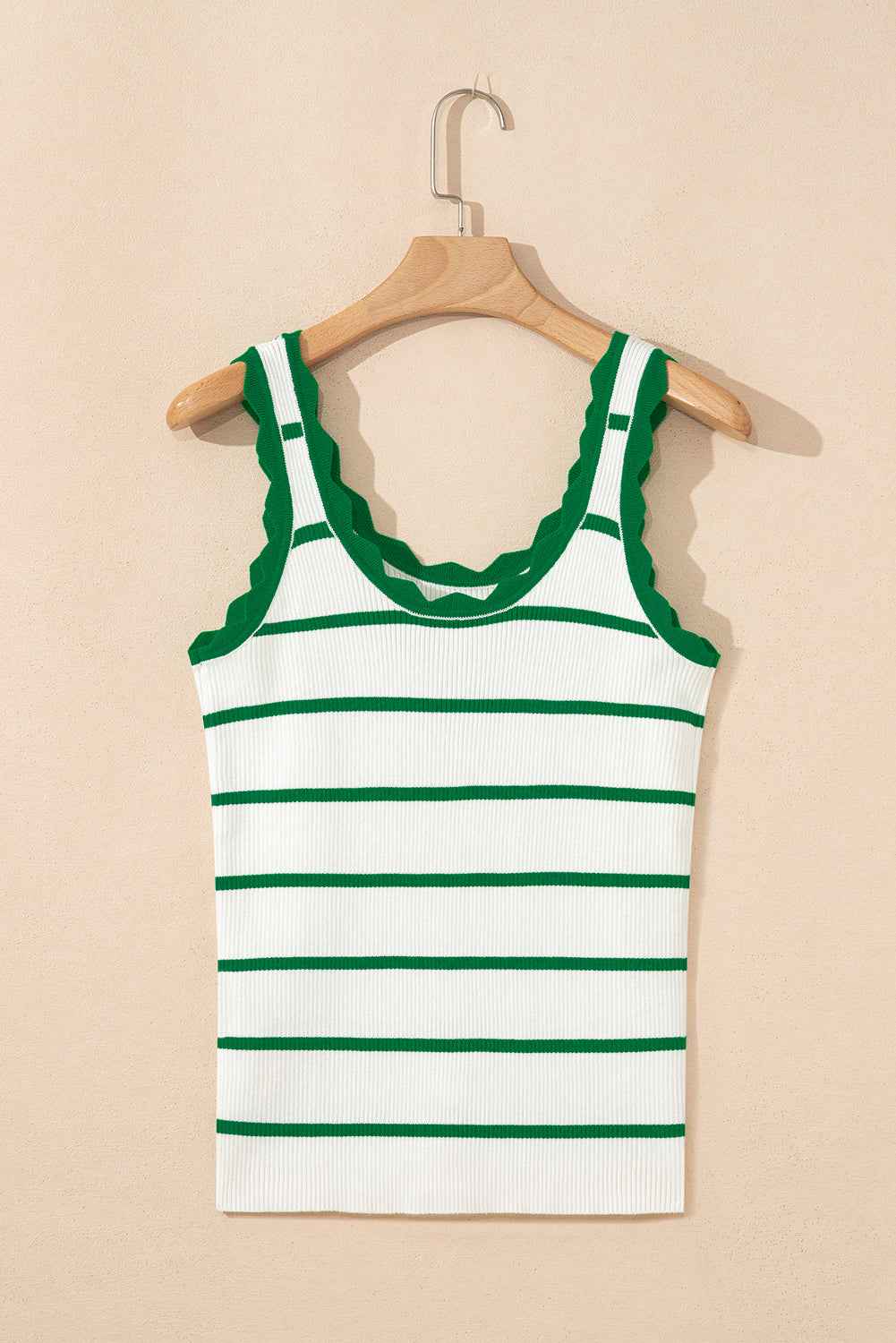 Bright Green Scalloped Edge Striped Ribbed Tank Top dd853d39cbf37162