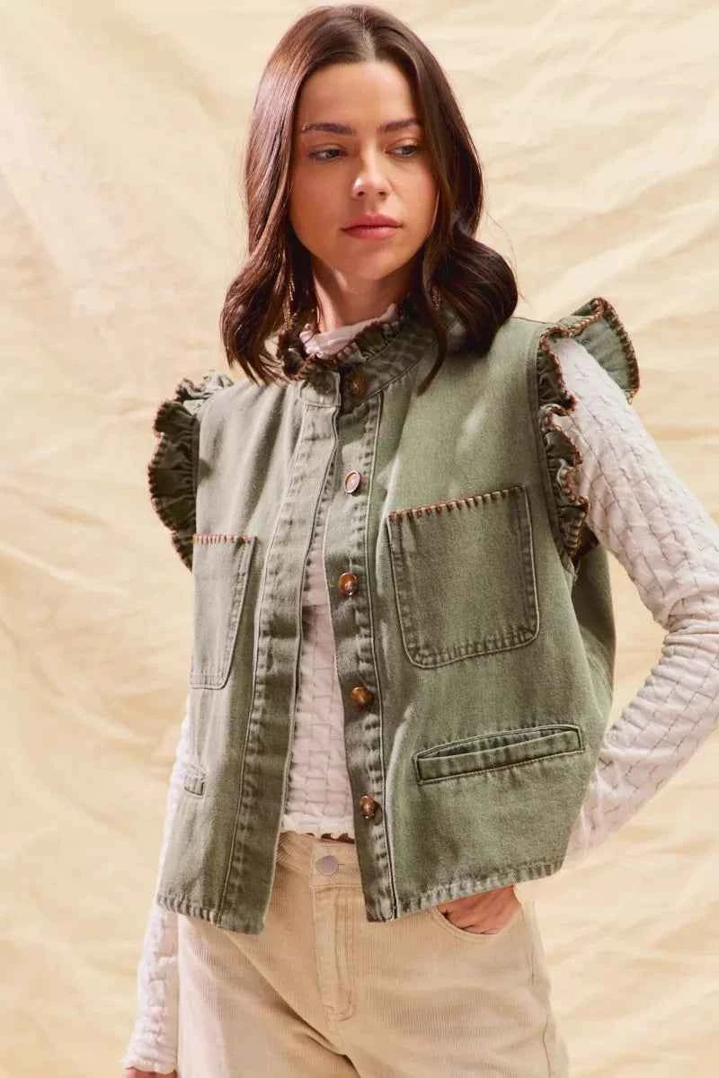 SO ME Washed Denim Stitch Ruffled Hidden Button Vest Top dd8946139dc94341b5c67ff06219e846-Max-Origin