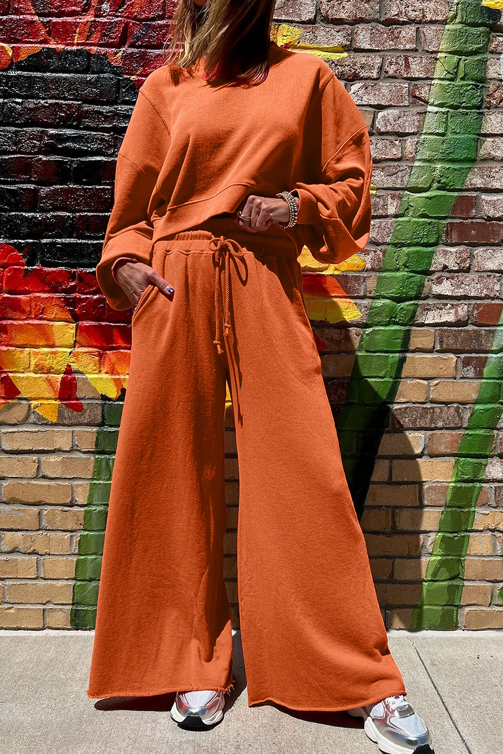 Flamingo Drop Shoulder Crop Pullover Drawstring Wide Leg Pants Set dda03c008672e98e