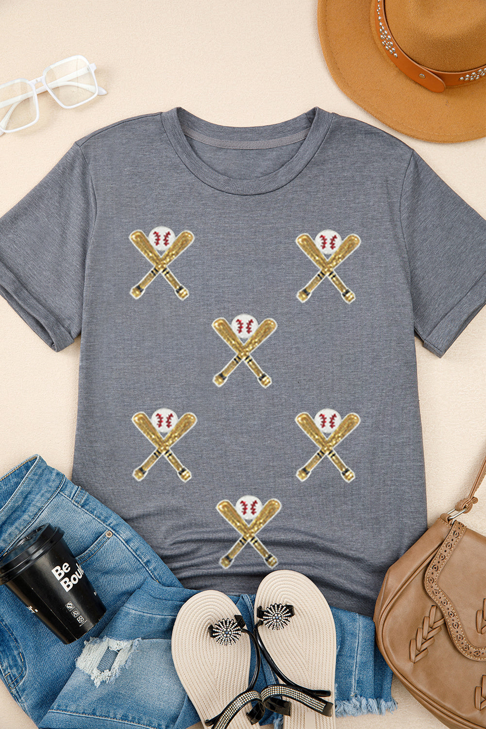 Gray Sequin Baseball Bat Graphic Game Day Casual Tee dda4568a39cec204