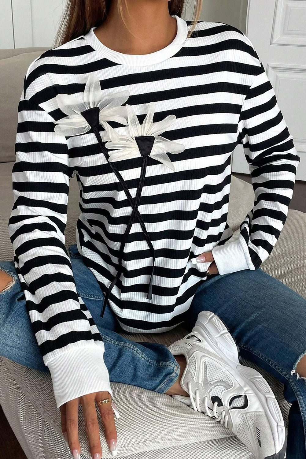 Black White Ribbed Striped Floral Applique Long Sleeve Top Black white dda4f36aee01030b