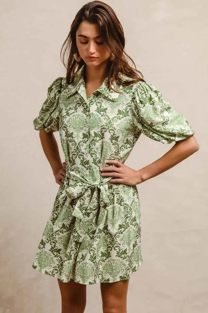 BiBi Tied Floral Short Sleeve Mini Shirt Dress GREEN CREAM ddabf41de42a4093a2338ab599d5cb8d-Max-Origin