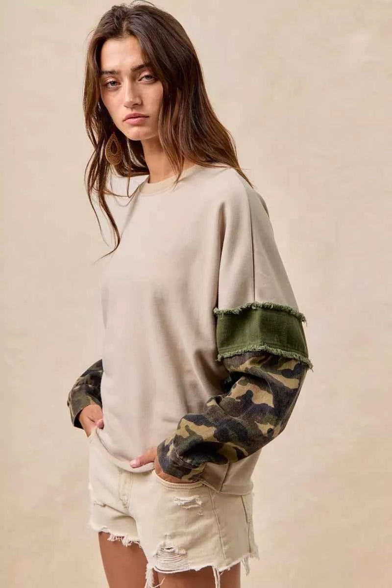 BiBi Camo Sleeve French Terry Top with Frayed Edge ddb3dca3706c43b392d3ba8e4582fa07-Max-Origin