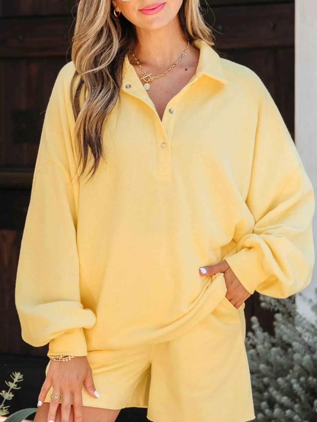 Button Collar Drop Shoulder Top and Shorts 2pcs Set Pastel Yellow ddb57da2-10e5-4dd3-b22d-9abb509cbf39-Max-Origin