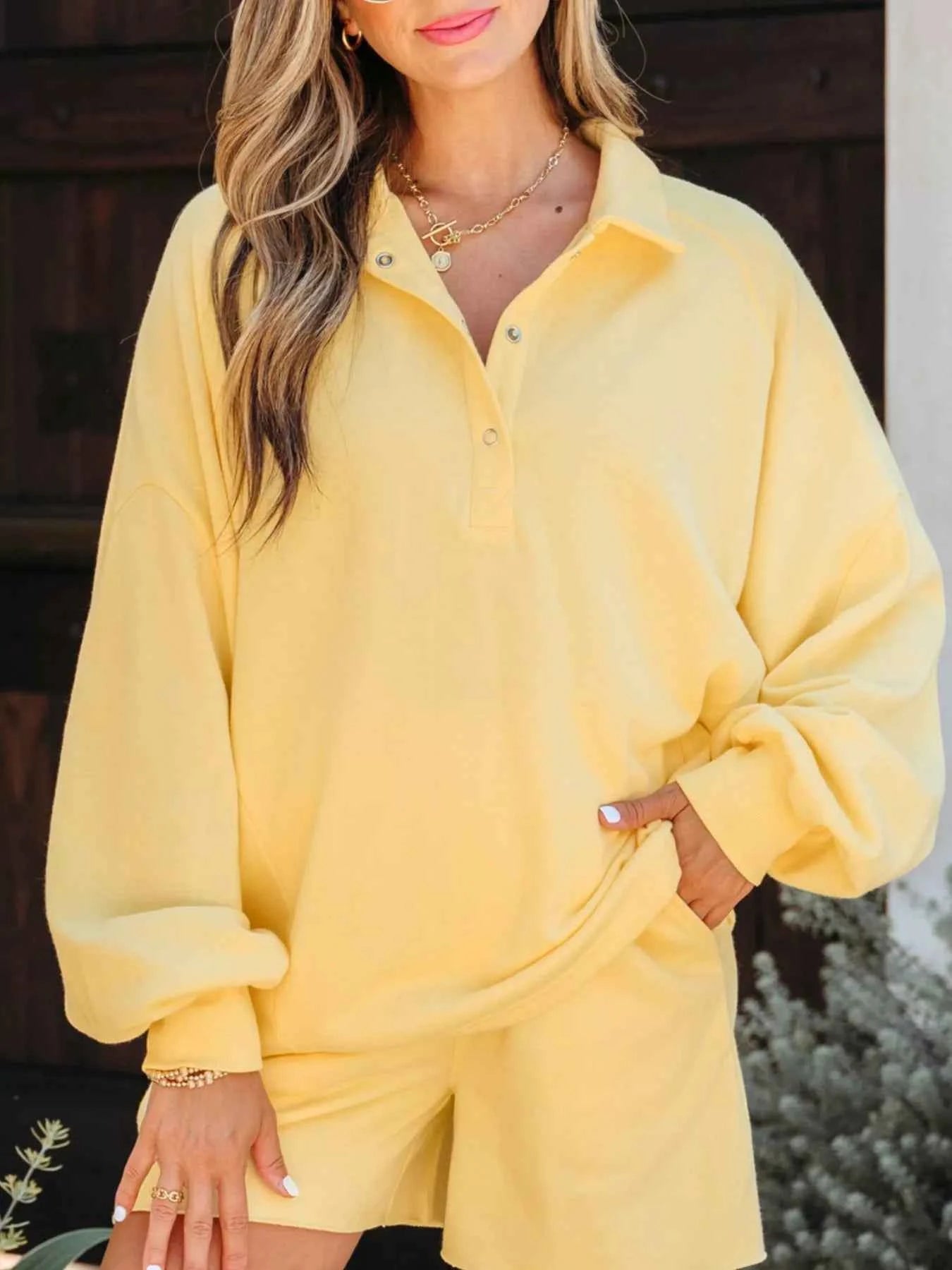 Button Collar Drop Shoulder Top and Shorts 2pcs Set Pastel Yellow ddb57da2-10e5-4dd3-b22d-9abb509cbf39-Max-Origin
