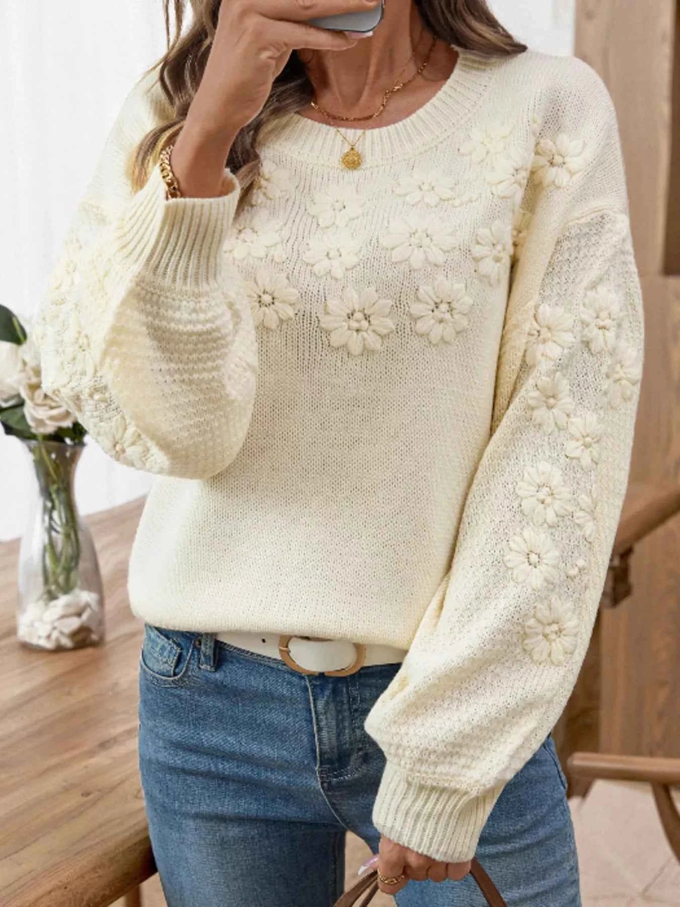 Flower Round Neck Long Sleeve Sweater ddb67835aed547fda03b962d23a10bc2-Max-Origin