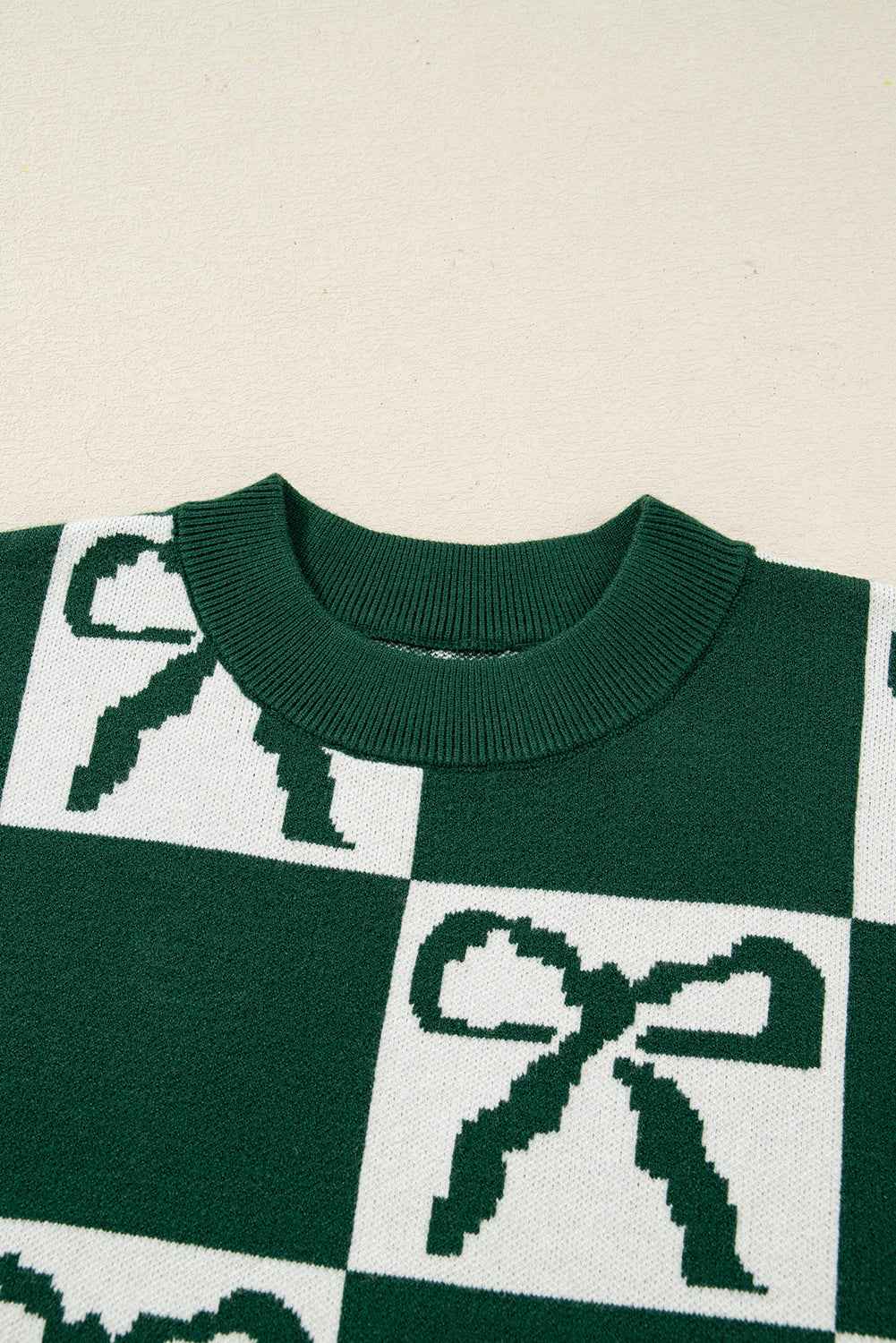Blackish Green Bow Print Checkered Knit Sweater ddc7845167a5ef0b