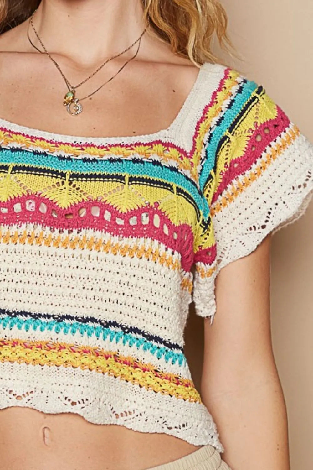 POL Openwork Ethnic Pattern Square Neck Cropped Knit Top ddce8115-c91d-457b-8997-4086171dc2a3-Max