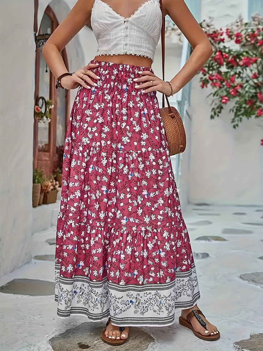 Full Size Tiered Printed Elastic Waist Skirt Cerise ddd11adc-5af3-4511-bee0-c87fe3947ff9-Max