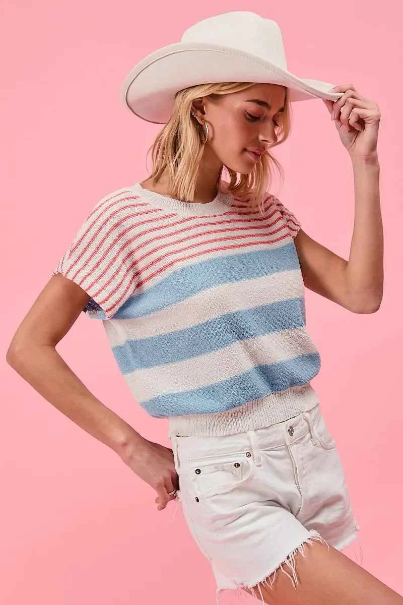 BiBi Stripes Lightweight Short Sleeve Sweater ddf1bc88b68744b9a2115d85ef2d93c5-Max-Origin