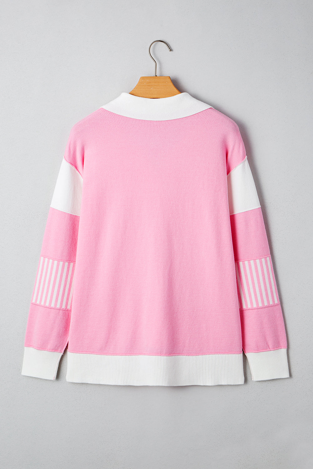 Pink Striped V Neck Collared Colorblock Patchwork Sweater ddf7cfe4072aba28